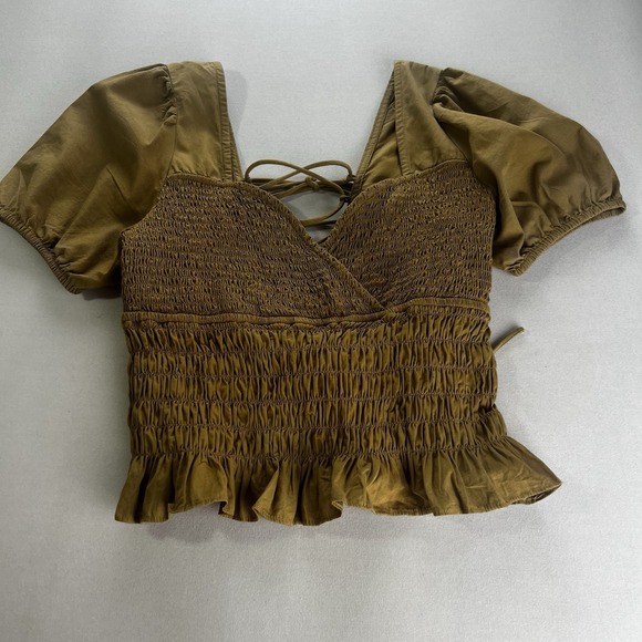 Anthropologie Tops - Forever That Girl Smocked Tan V Neck Crop Anthropologie Shirt M Boho Whimsical